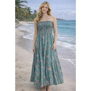 Boho Maxi Smocked Floral Dress Womens Small Resortwear Lightweight Chic